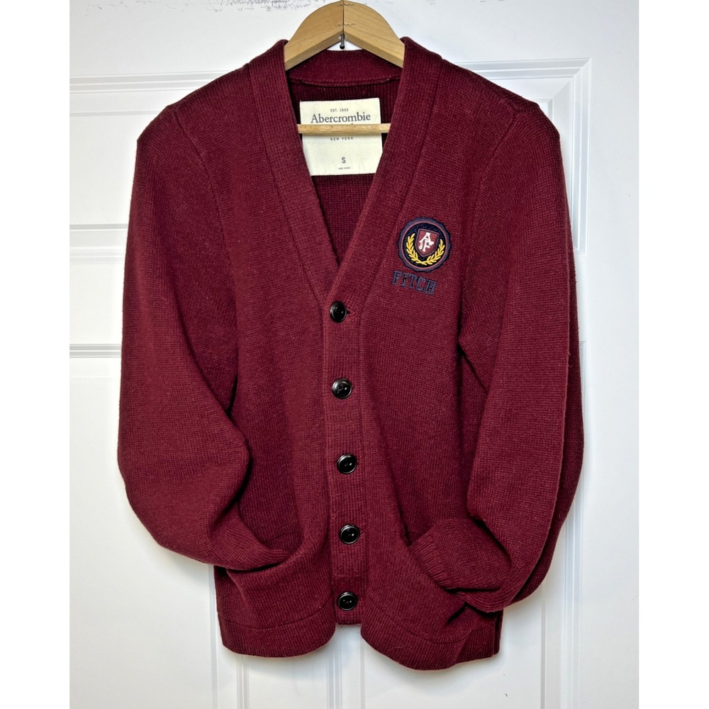 Abercrombie Fitch Mens S Cardigan Red Crest Cotton Nylon Rabbit Hair Sweater